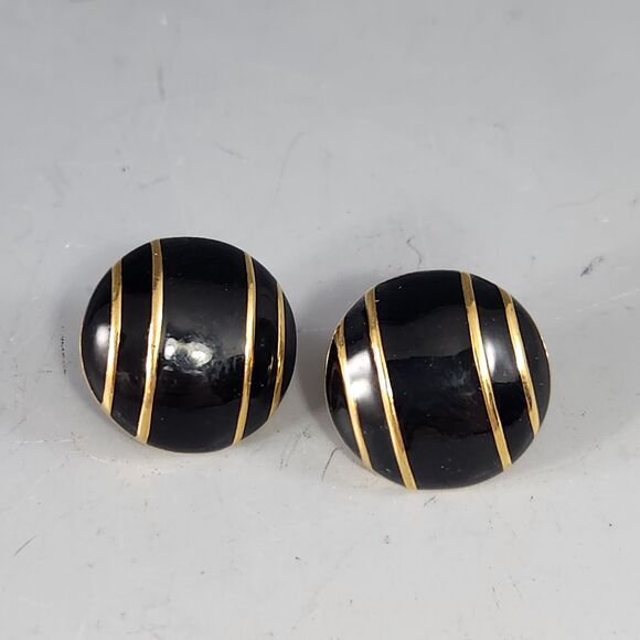 Monet Gold Black Stripe Earrings Enamel Post Pierced Ears VTG Costume Jewelry - Picture 5 of 8